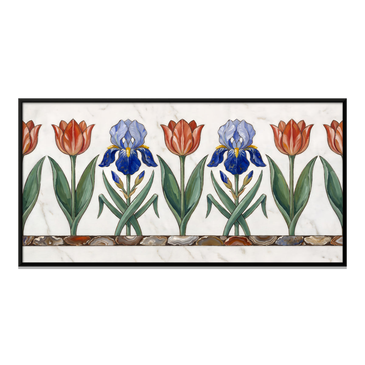 Tulips and Irises on White Marble - framed canvas print, front view
