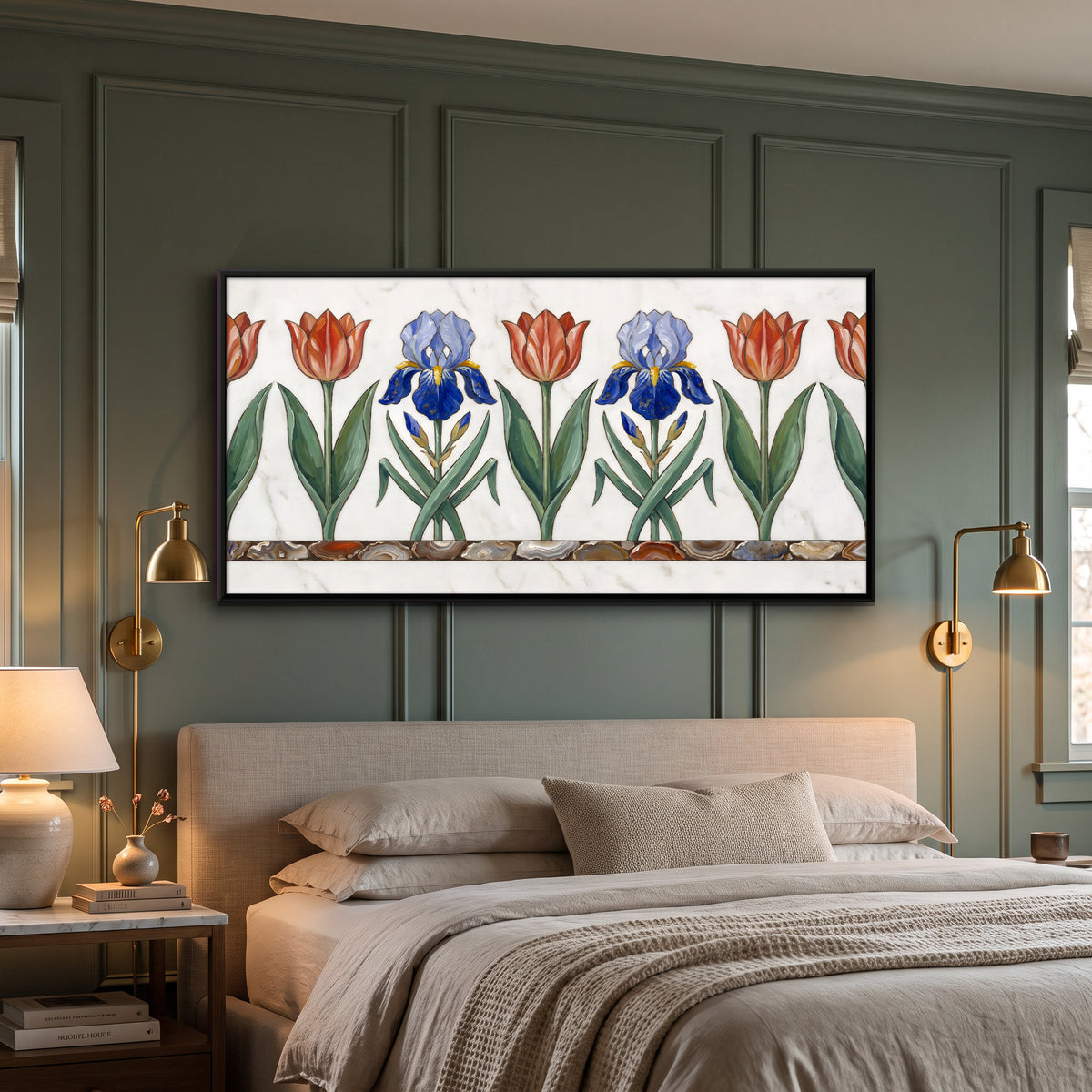 Tulips and Irises on White Marble - canvas art shown in a styled room