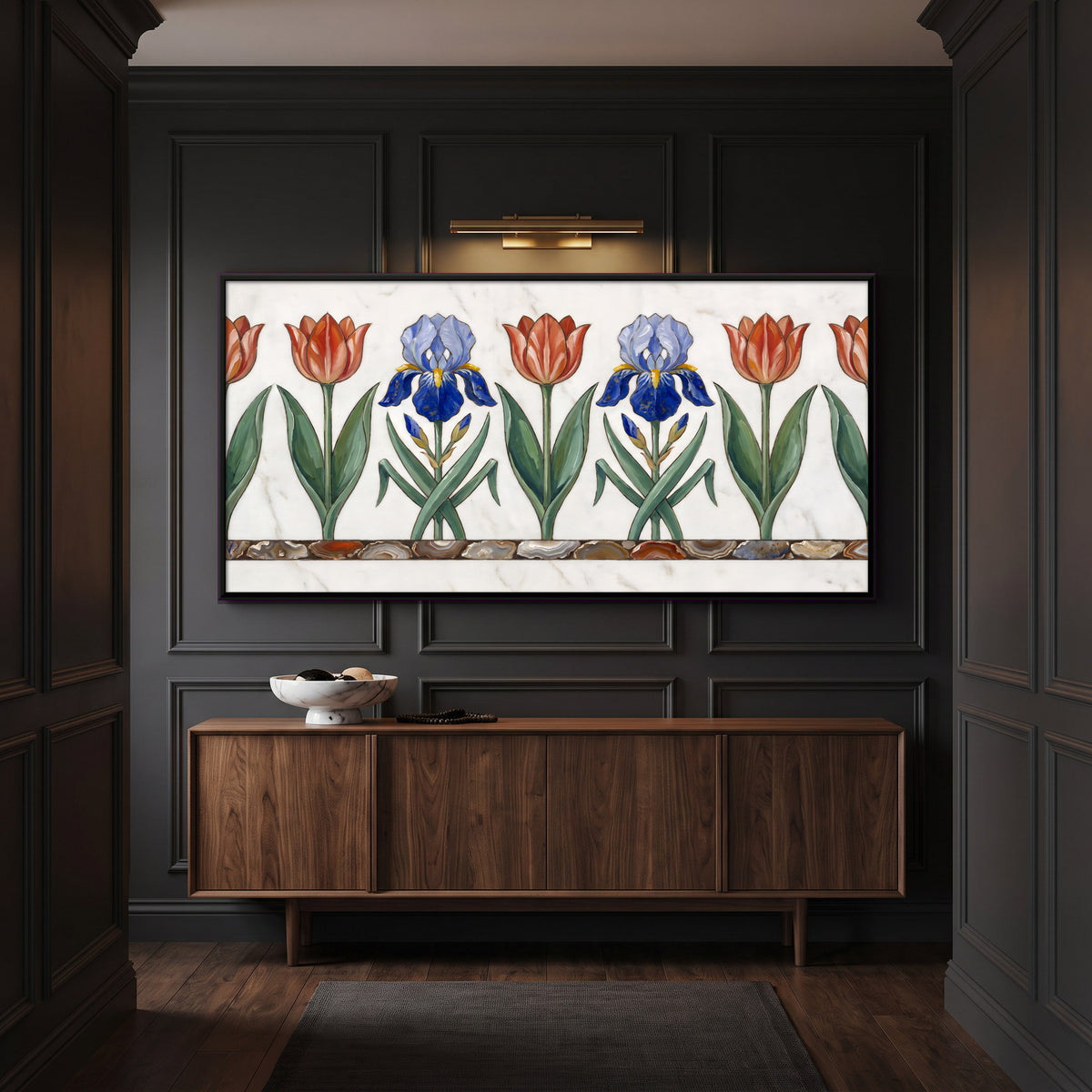 Tulips and Irises on White Marble - canvas art shown in a second room setting