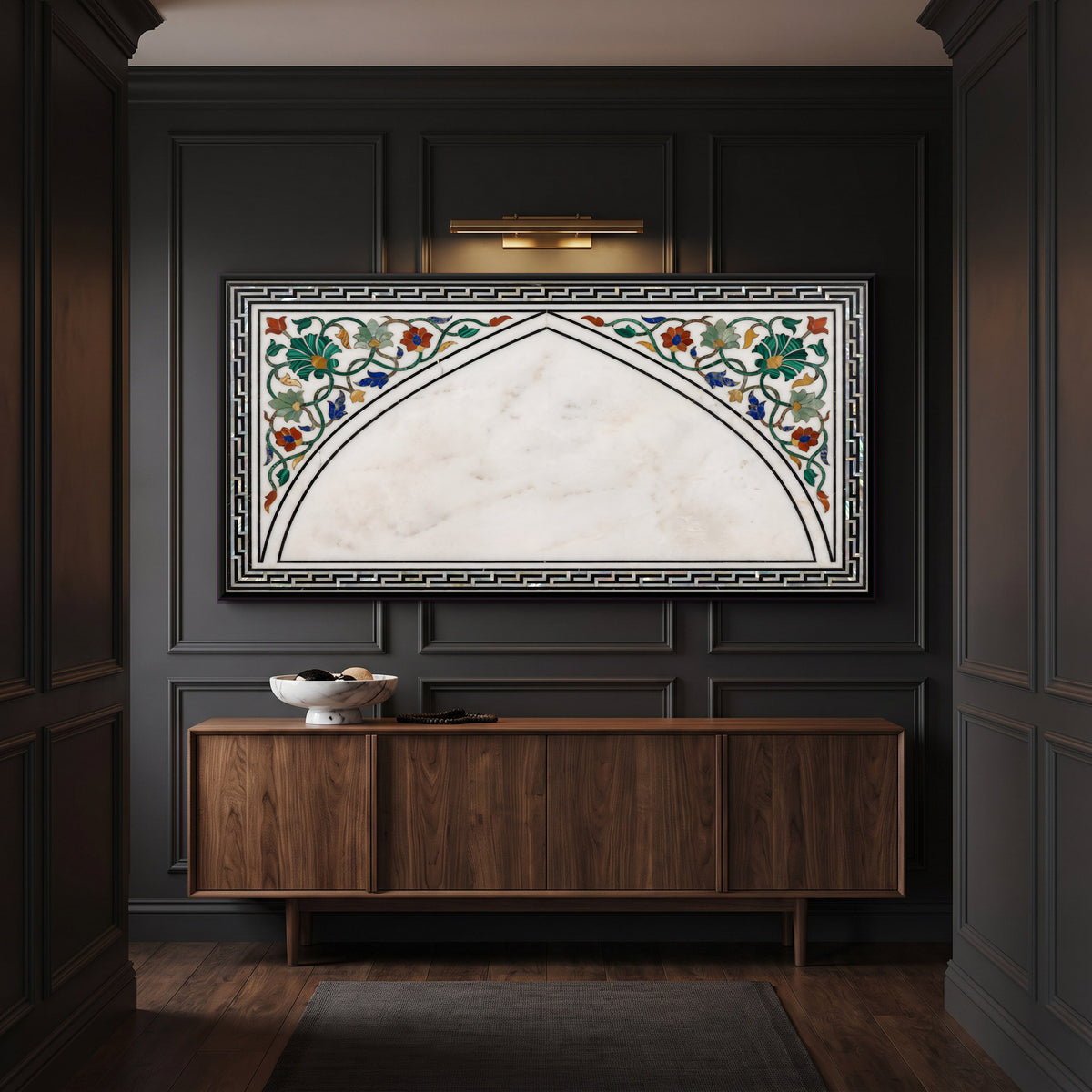 Marble Arch with Floral Inlay - canvas art shown in a styled room