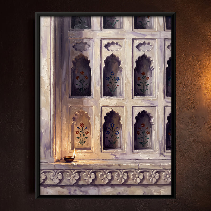 Marble Niches with a Lit Diya - framed canvas art hung on a wall