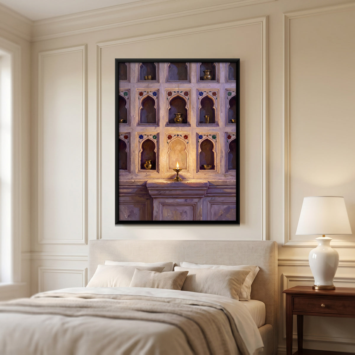 Marble Niches with Brass Vessels - canvas art shown in a styled room