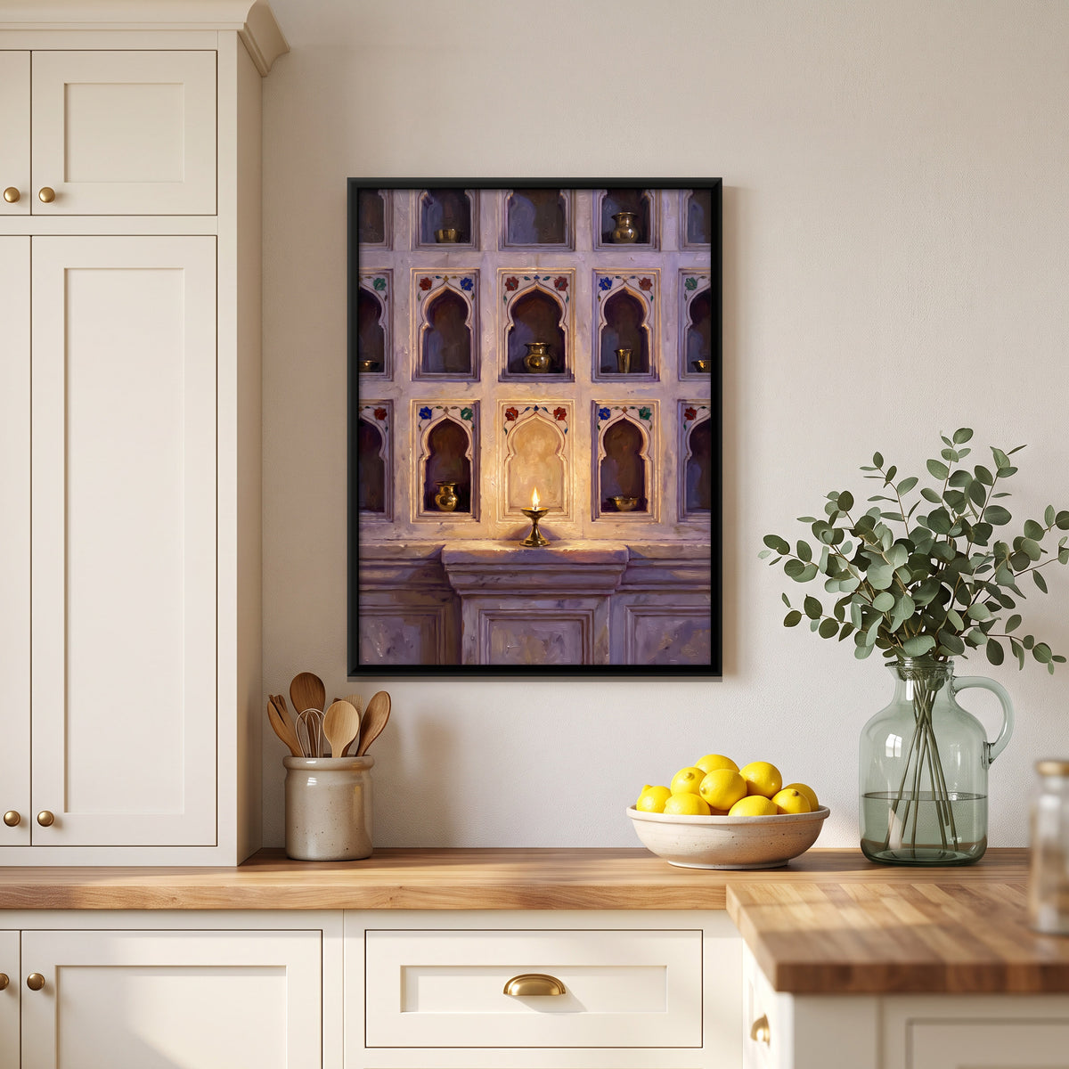 Marble Niches with Brass Vessels - canvas art shown in a second room setting