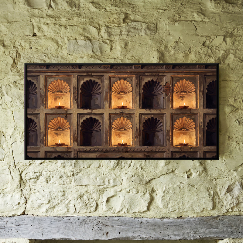 Shell Niches with Oil Lamps - framed canvas art hung on a wall