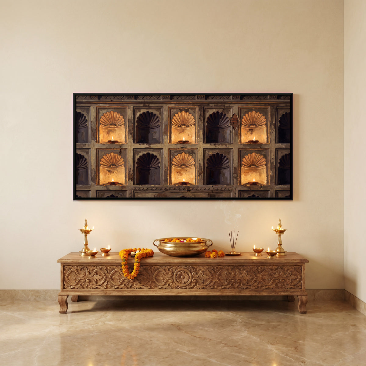 Shell Niches with Oil Lamps - canvas art shown in a styled room