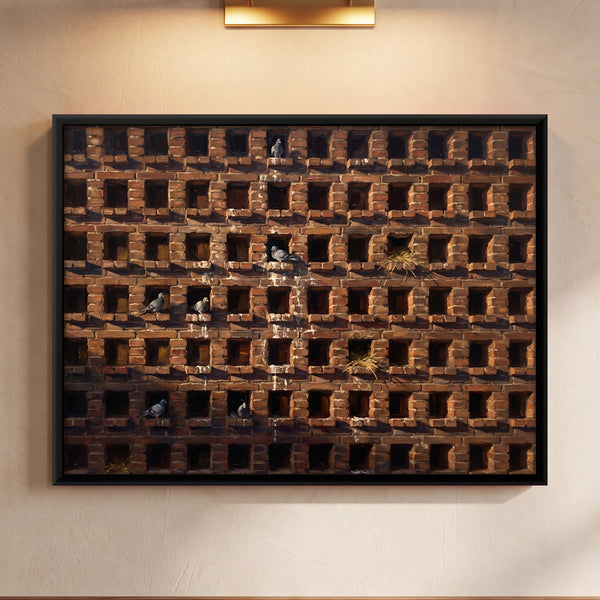 Brick Wall with Pigeon Holes and Birds