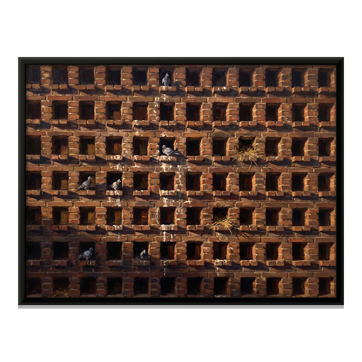 Pigeon Holes in a Brick Wall - framed canvas print, front view