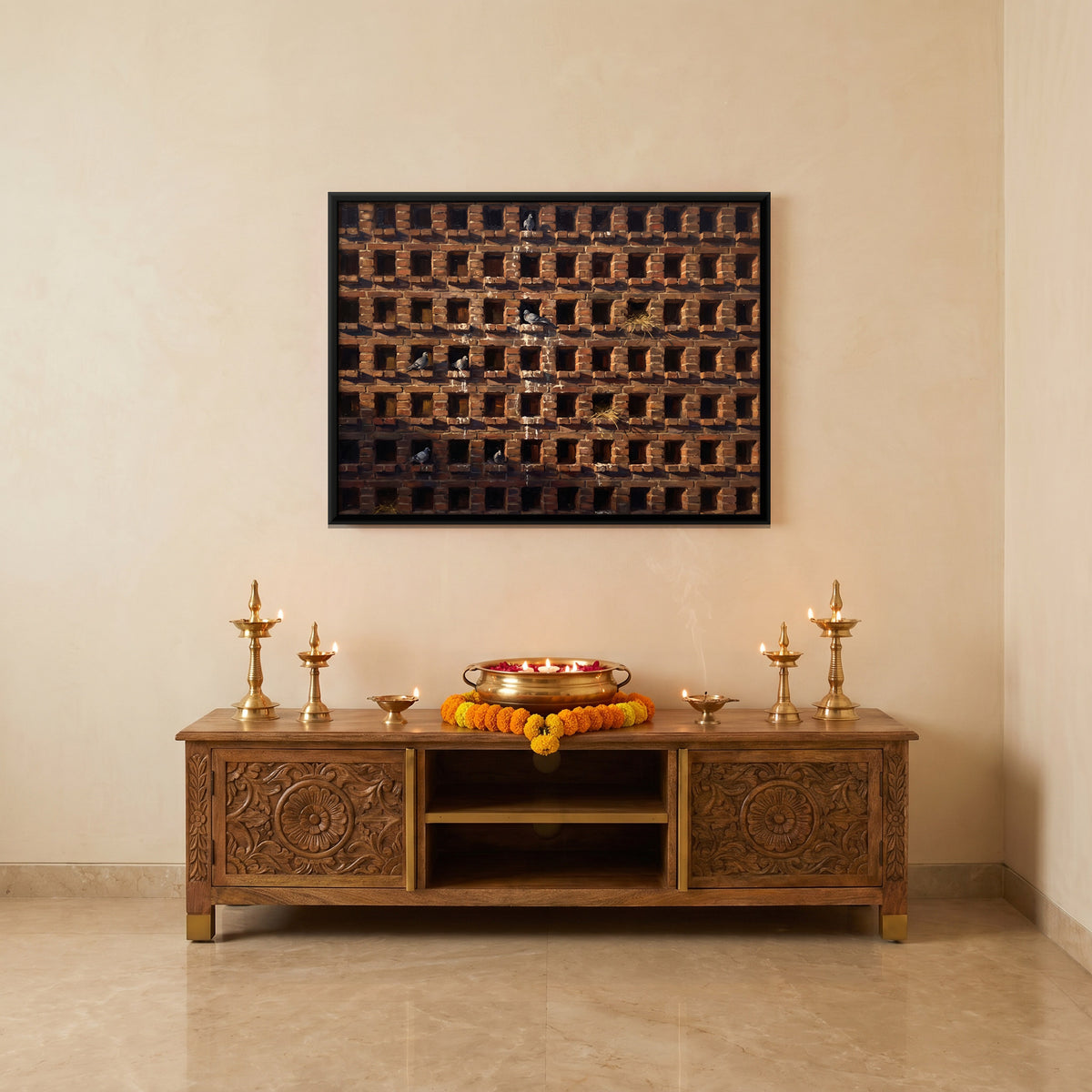 Pigeon Holes in a Brick Wall - canvas art shown in a styled room