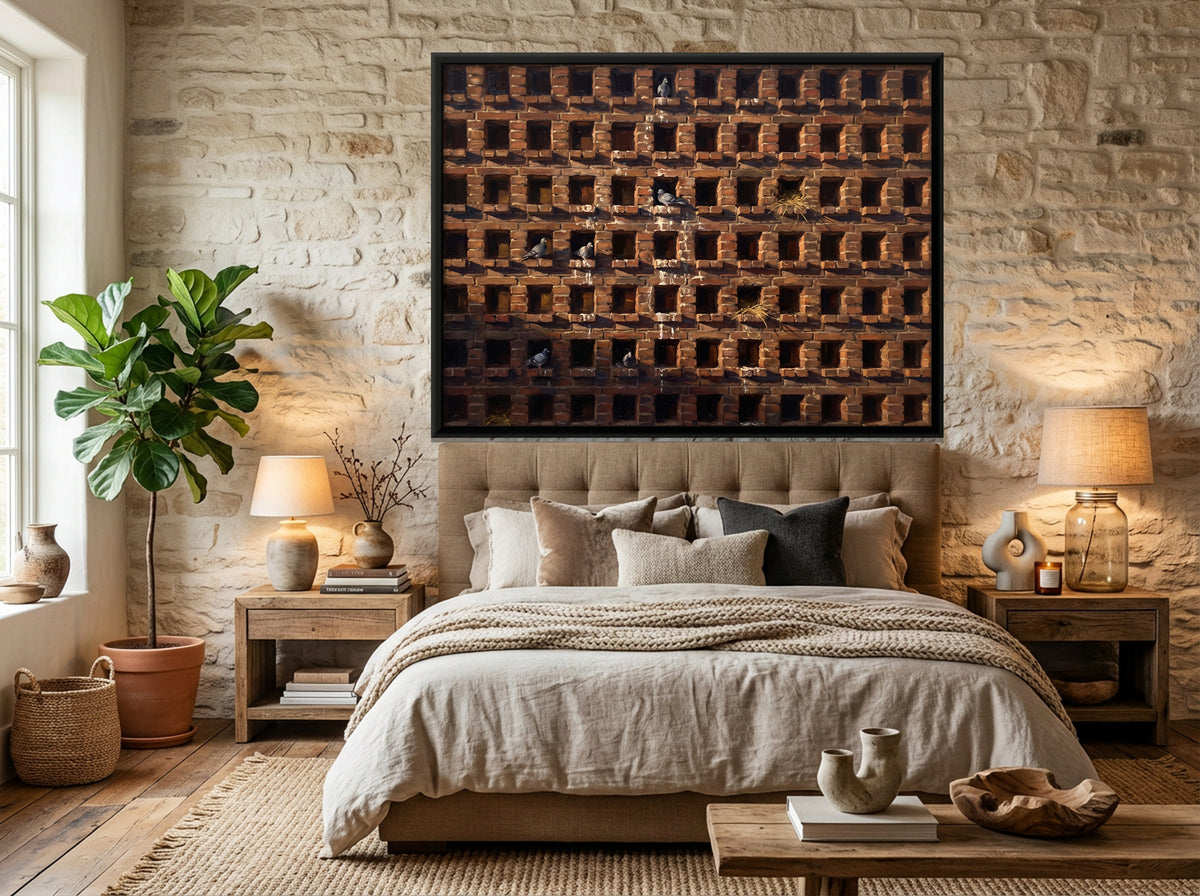 Pigeon Holes in a Brick Wall - canvas art shown in a second room setting