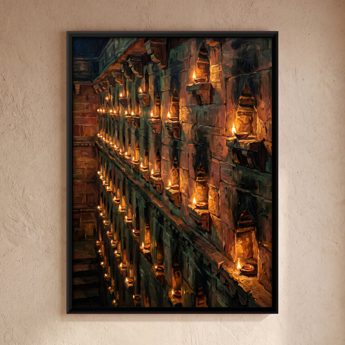 Wall of Burning Oil Lamps - framed canvas art hung on a wall