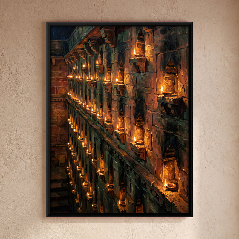 Wall of Burning Oil Lamps - framed canvas art hung on a wall