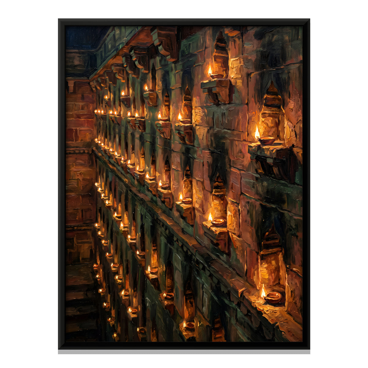Wall of Burning Oil Lamps - framed canvas print, front view