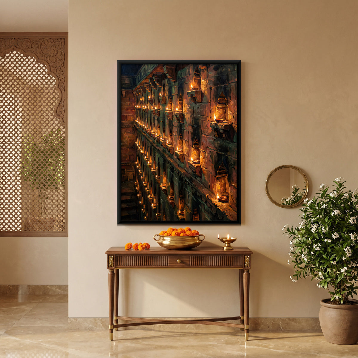 Wall of Burning Oil Lamps - canvas art shown in a styled room