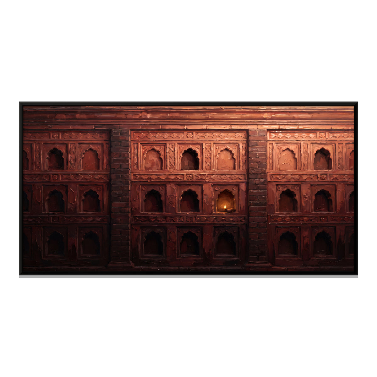 Red Stone Wall of Lamp Niches - framed canvas print, front view