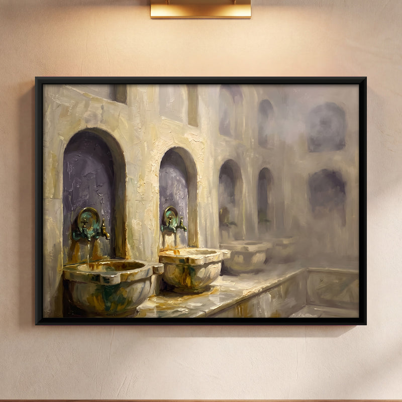 Bathhouse Basins in Steam - framed canvas art hung on a wall