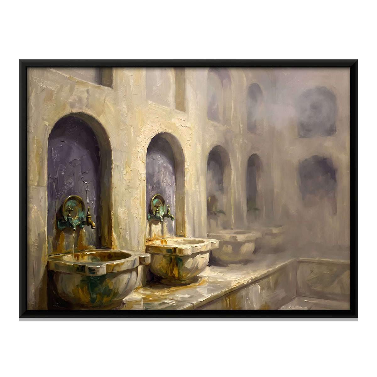 Bathhouse Basins in Steam - framed canvas print, front view