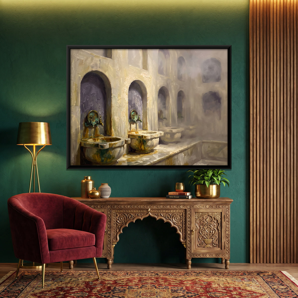 Bathhouse Basins in Steam - canvas art shown in a styled room