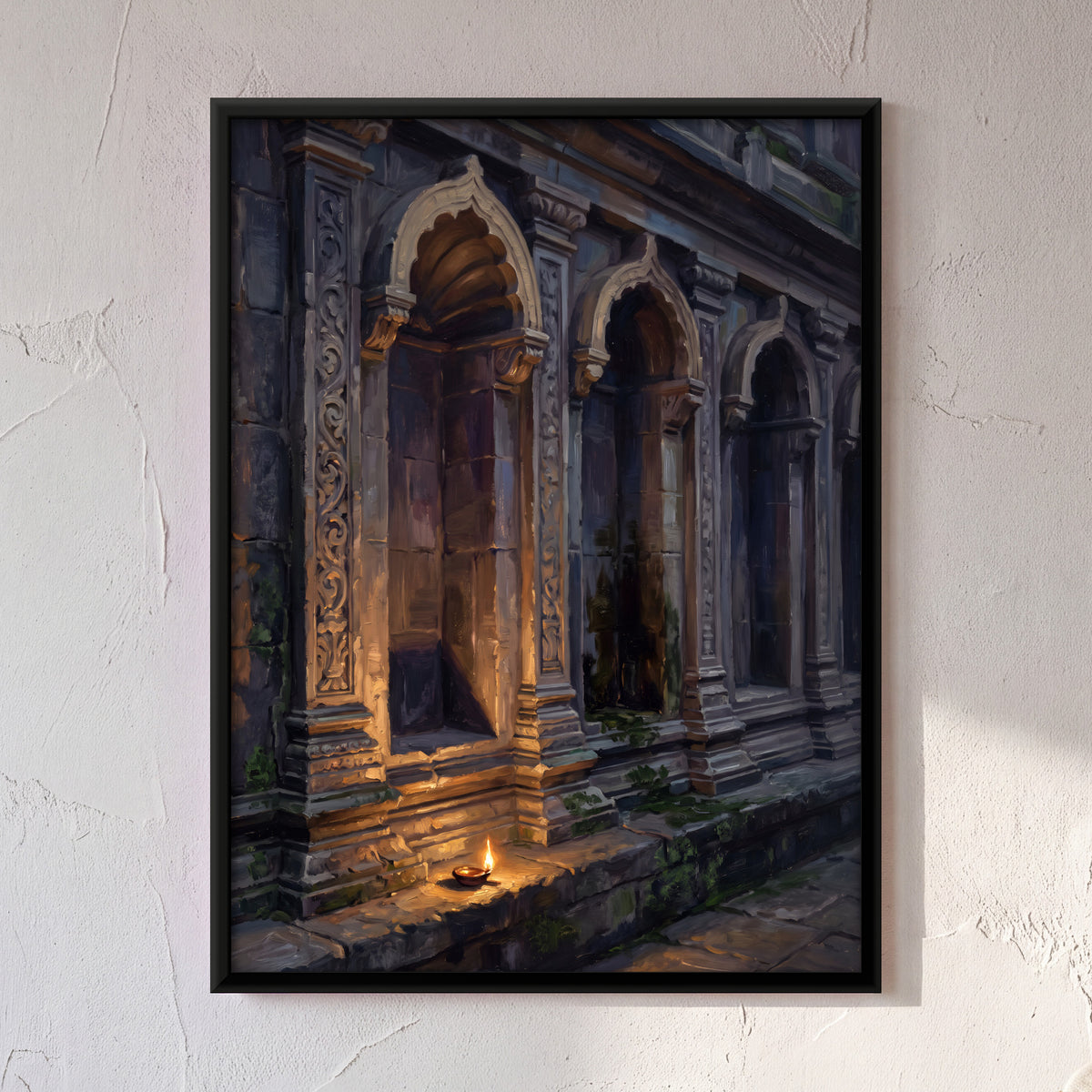 Lamp at a Carved Temple Niche - framed canvas art hung on a wall