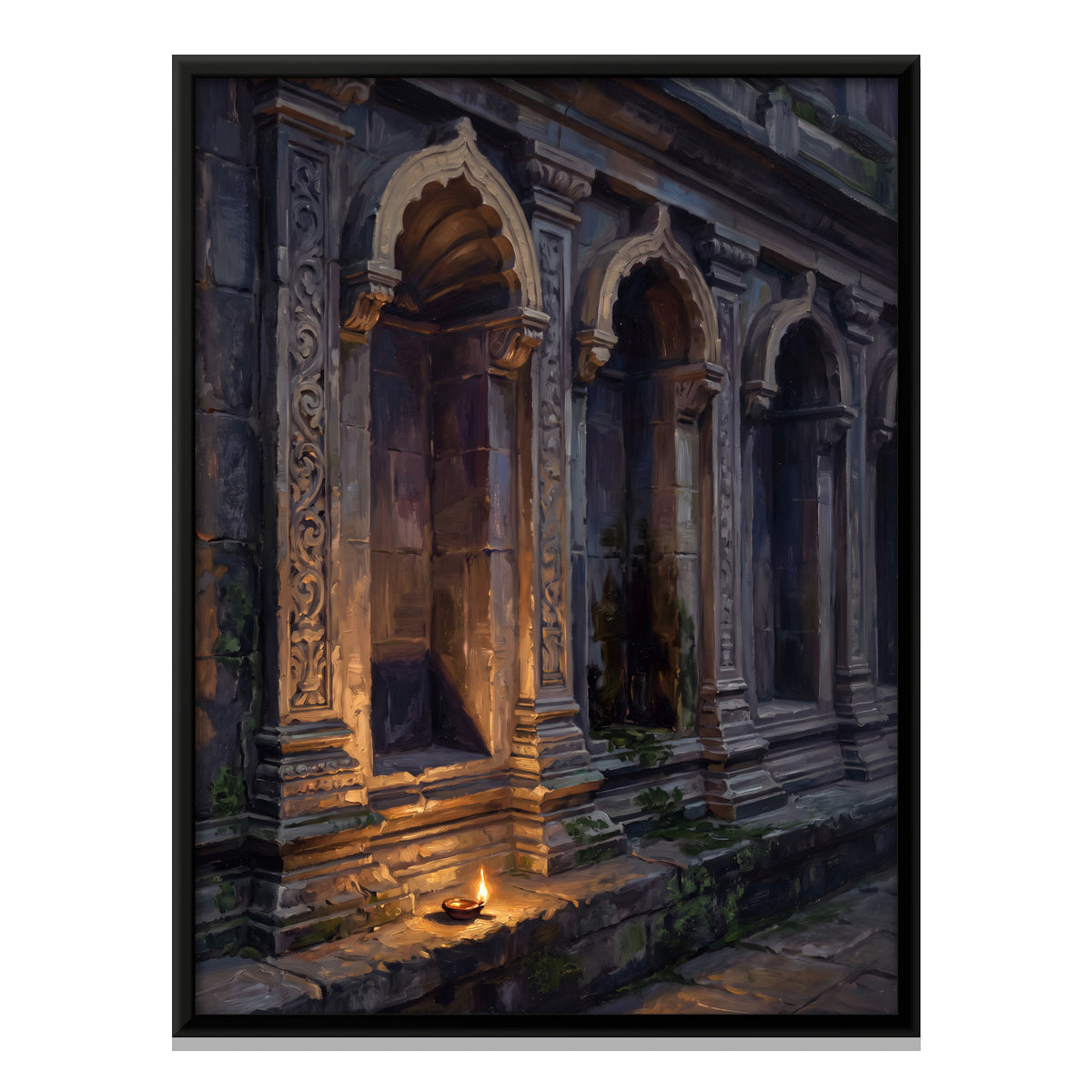 Lamp at a Carved Temple Niche - framed canvas print, front view