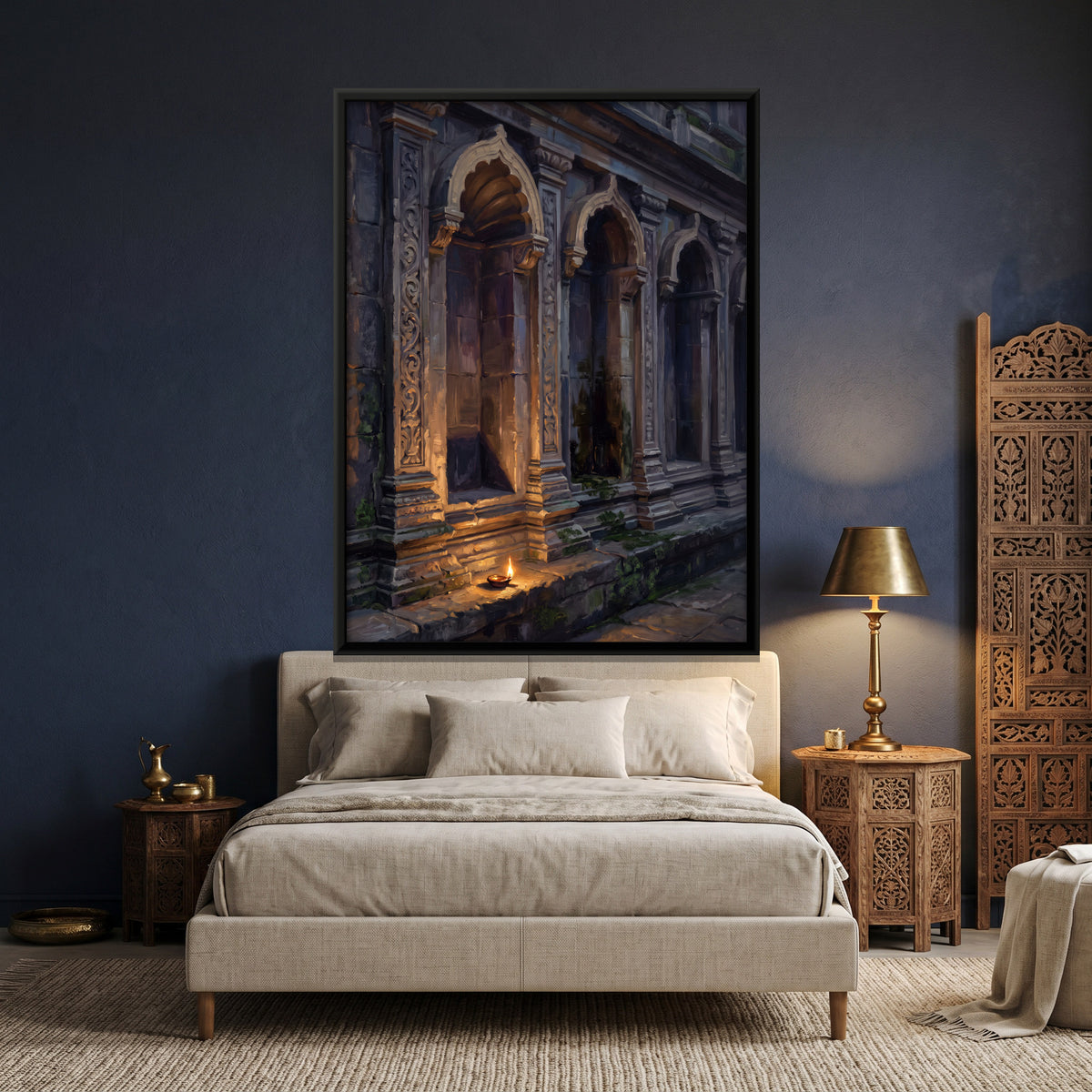 Lamp at a Carved Temple Niche - canvas art shown in a styled room
