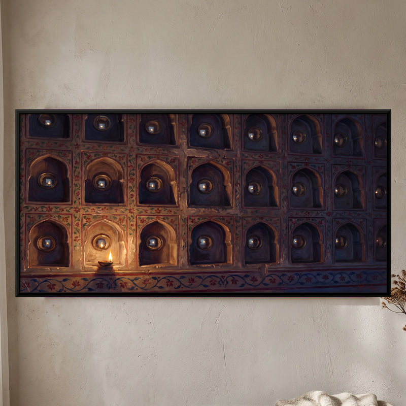 Diya Reflected in Mirrored Niches - framed canvas art hung on a wall
