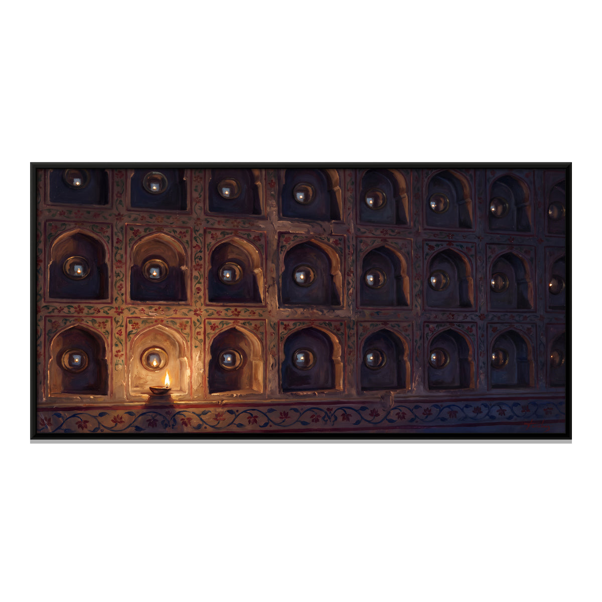 Diya Reflected in Mirrored Niches - framed canvas print, front view