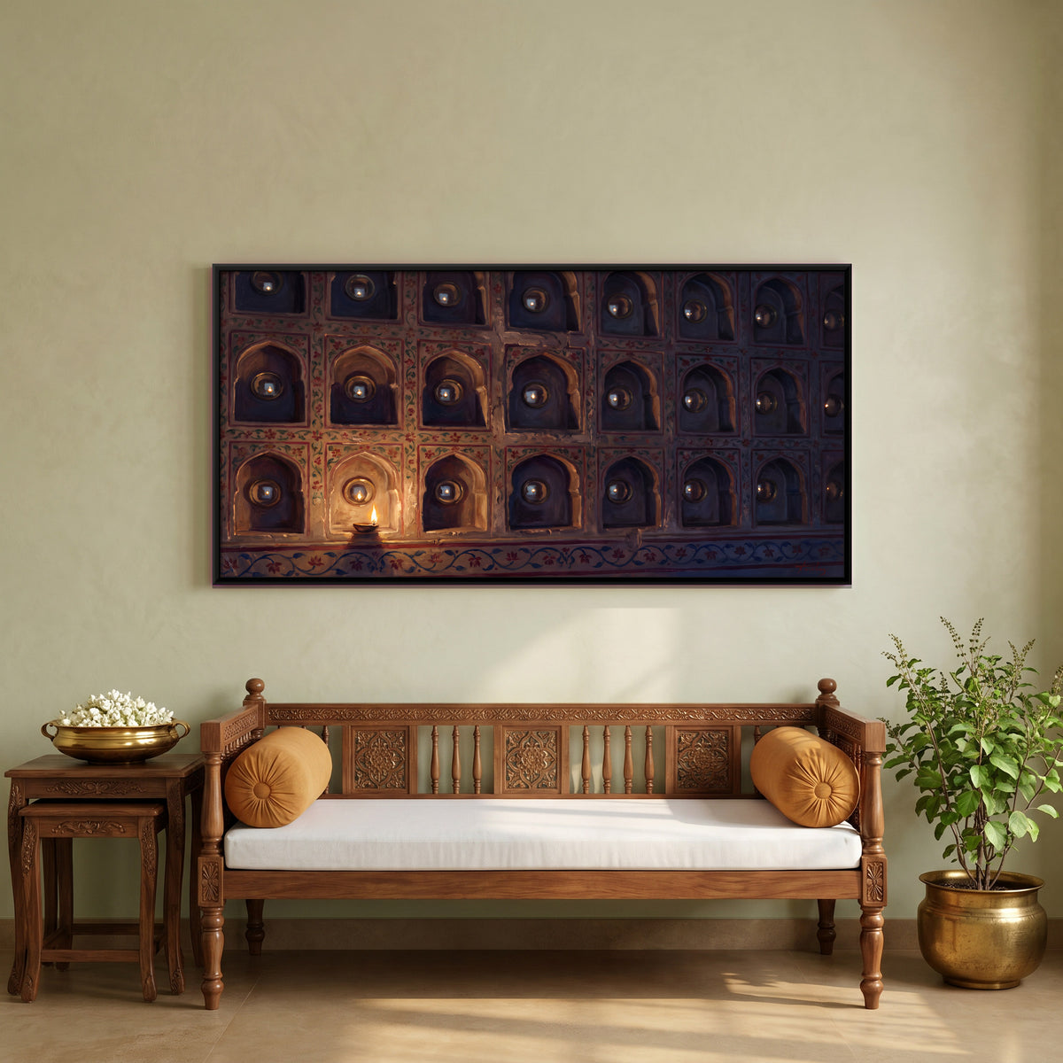 Diya Reflected in Mirrored Niches - canvas art shown in a styled room