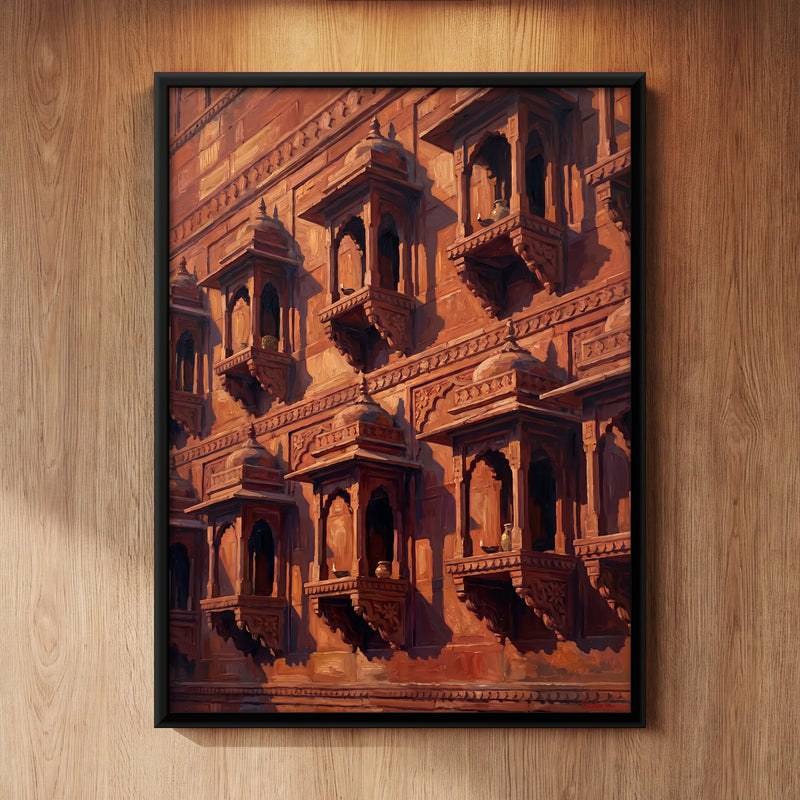 Jharokha Balconies in Red Sandstone - framed canvas art hung on a wall