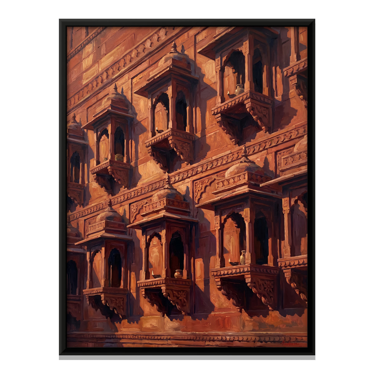 Jharokha Balconies in Red Sandstone - framed canvas print, front view