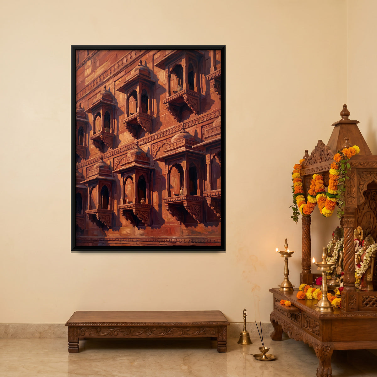 Jharokha Balconies in Red Sandstone - canvas art shown in a styled room