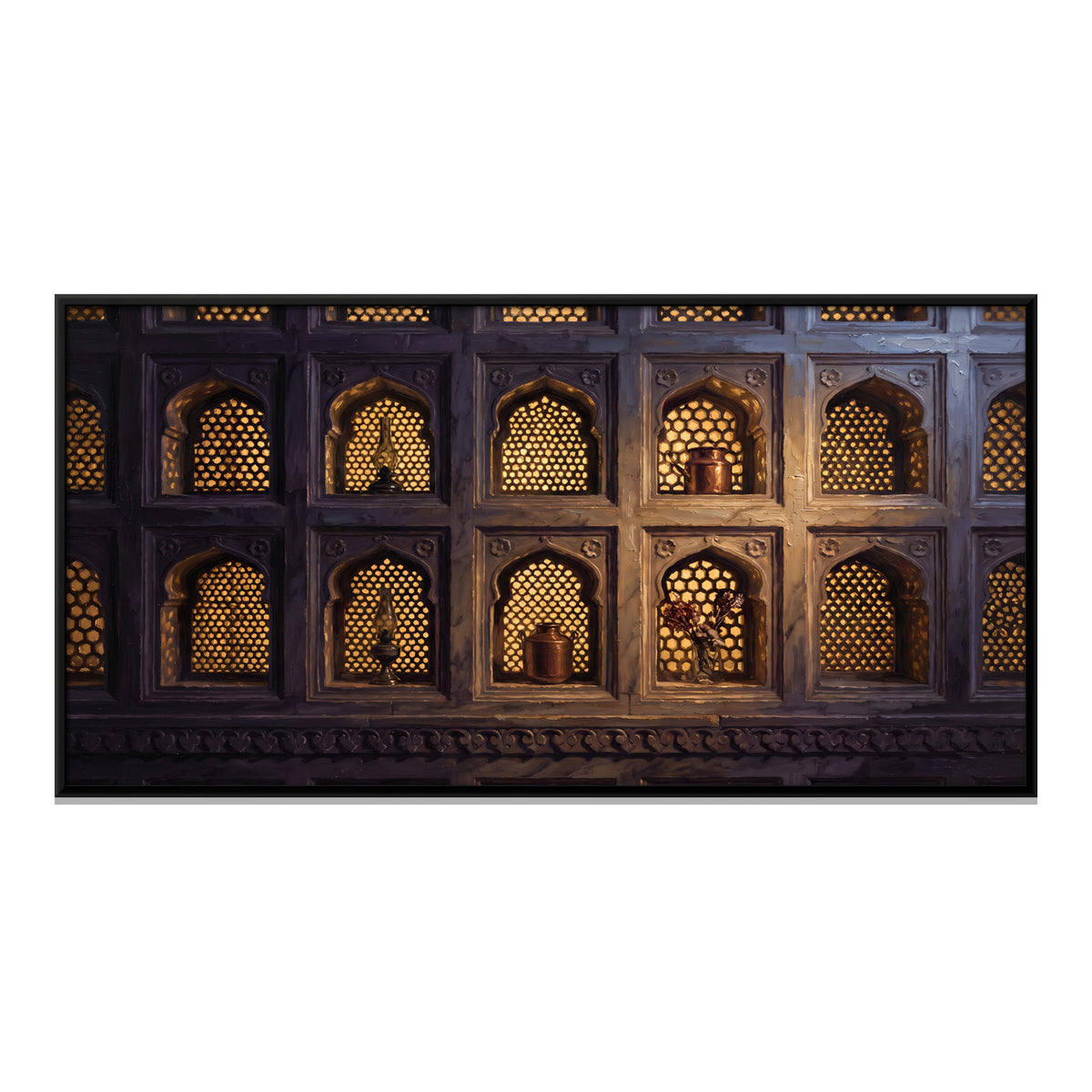 Glowing Jali Arches - framed canvas print, front view