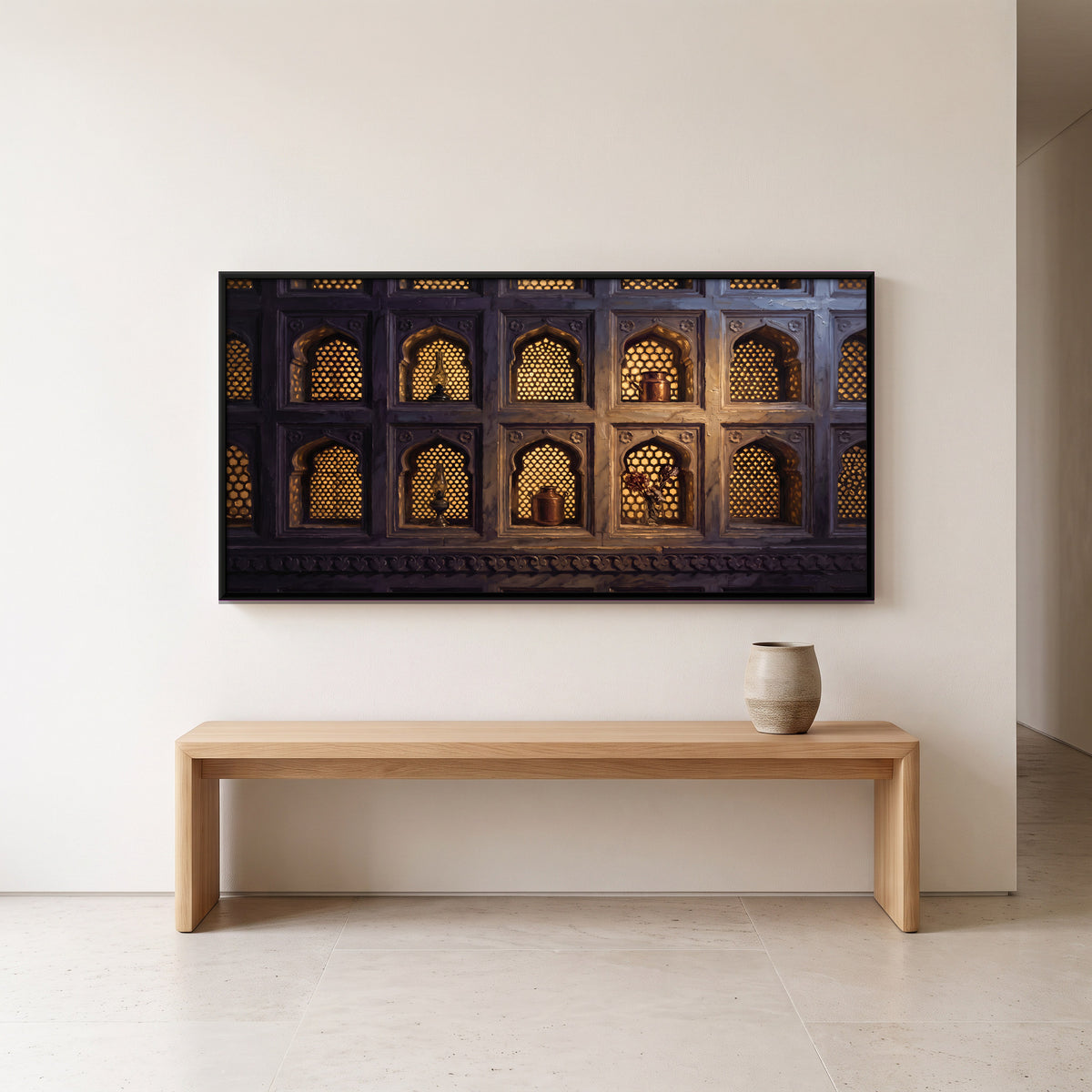 Glowing Jali Arches - canvas art shown in a styled room