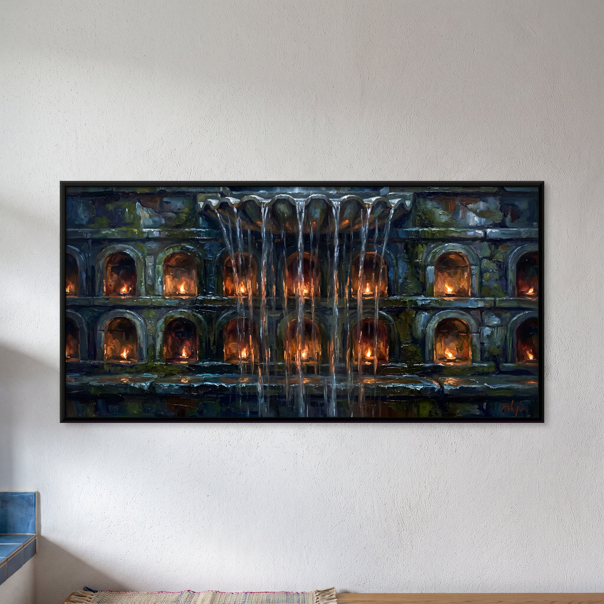 Waterfall Over Lamplit Niches - framed canvas art hung on a wall