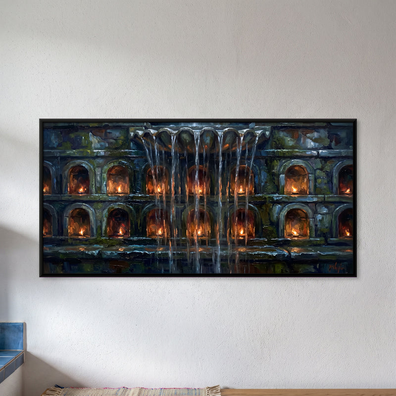 Waterfall Over Lamplit Niches - framed canvas art hung on a wall