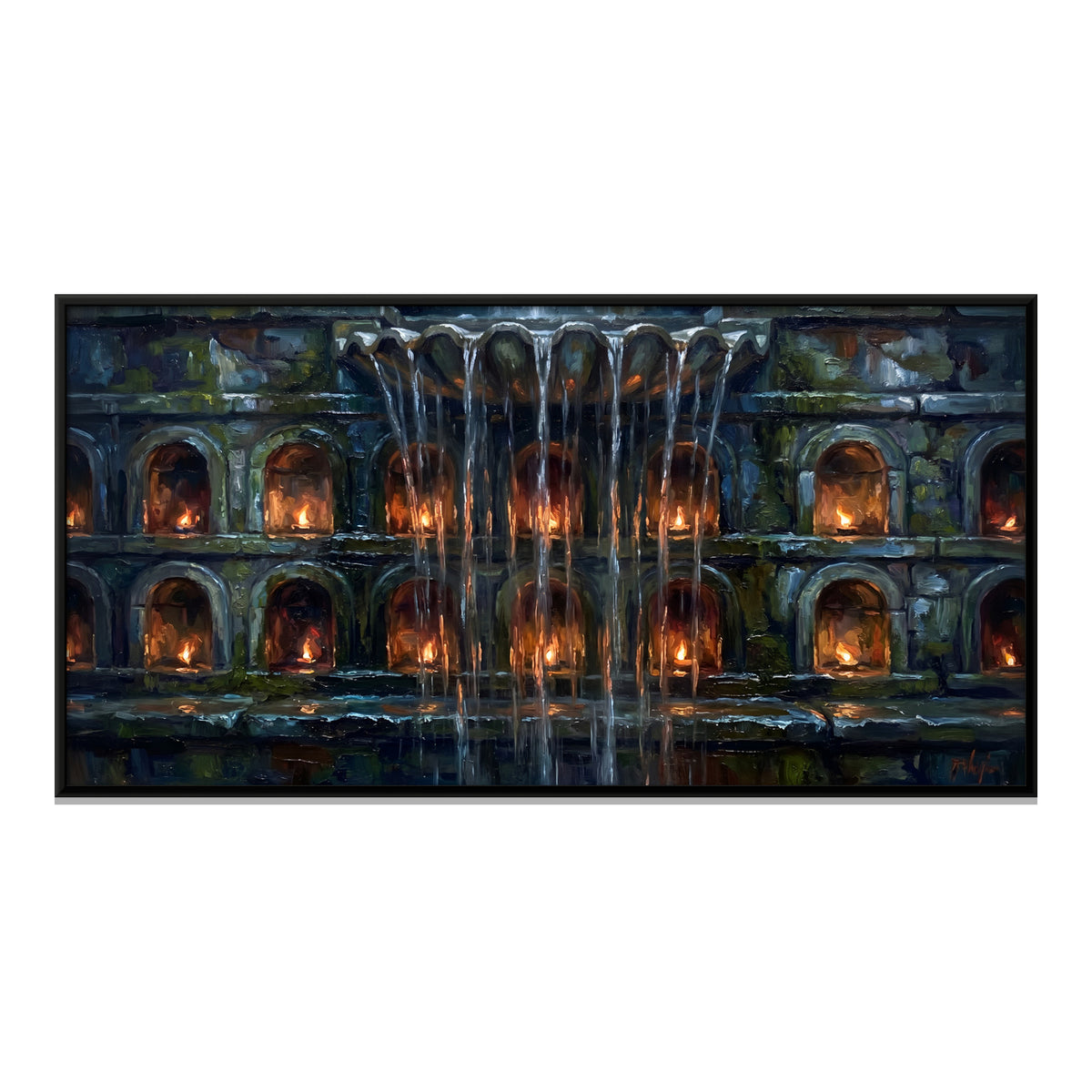 Waterfall Over Lamplit Niches - framed canvas print, front view