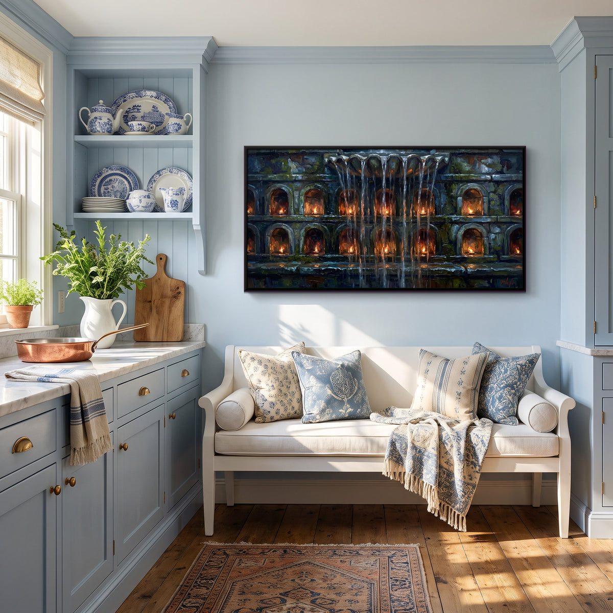 Waterfall Over Lamplit Niches - canvas art shown in a styled room