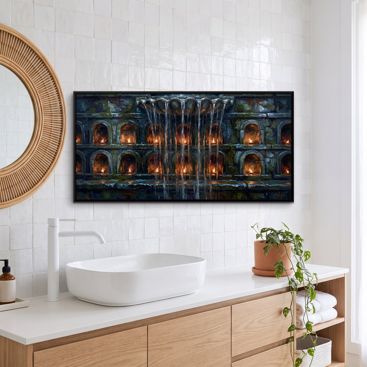 Waterfall Over Lamplit Niches - canvas art shown in a second room setting