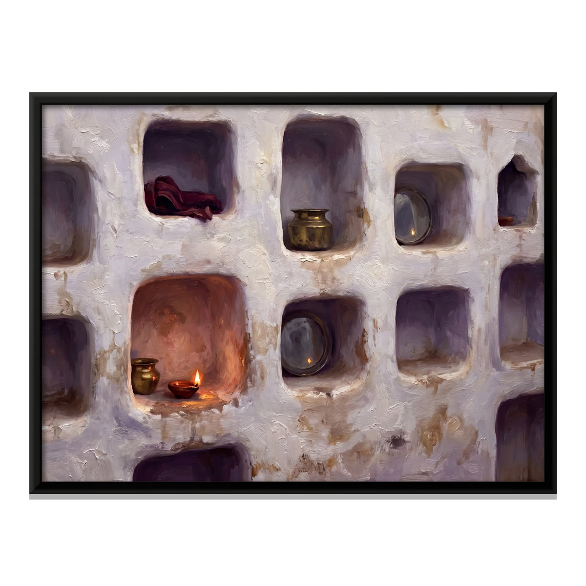 Whitewashed Niches with Lamps - framed canvas print, front view