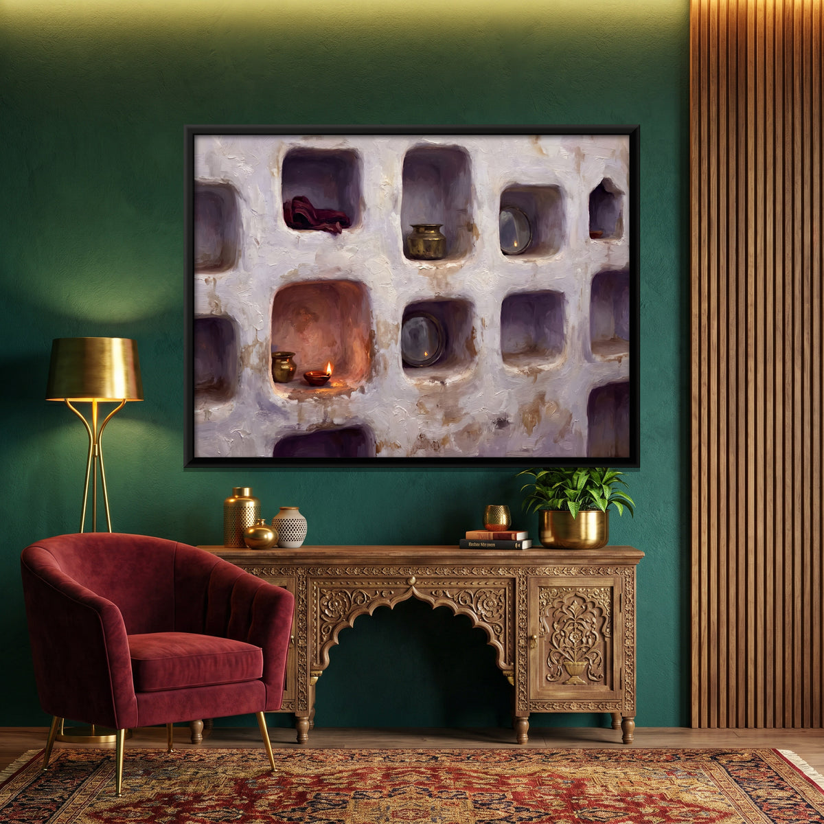 Whitewashed Niches with Lamps - canvas art shown in a styled room