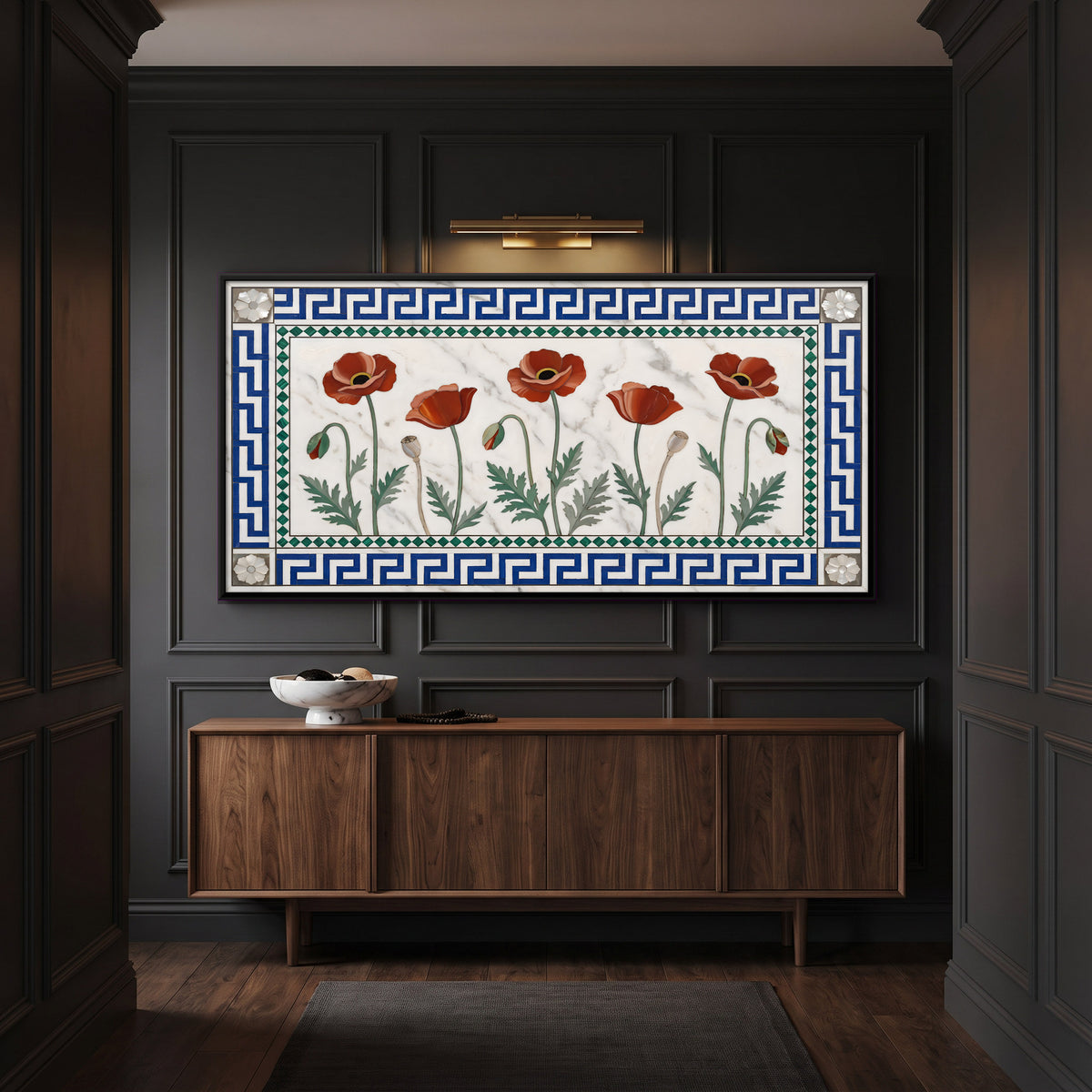 Poppies in Marble Inlay - canvas art shown in a styled room