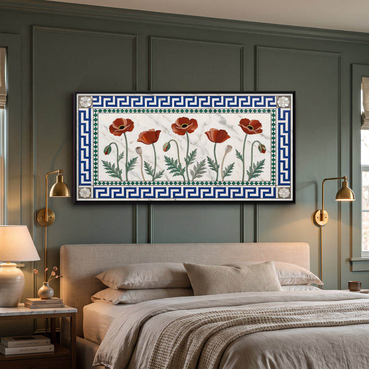 Poppies in Marble Inlay - canvas art shown in a second room setting