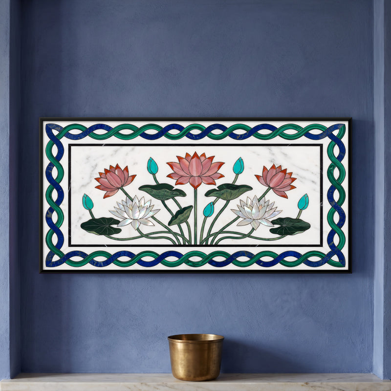Lotus and Water Lilies in Marble Inlay - framed canvas art hung on a wall