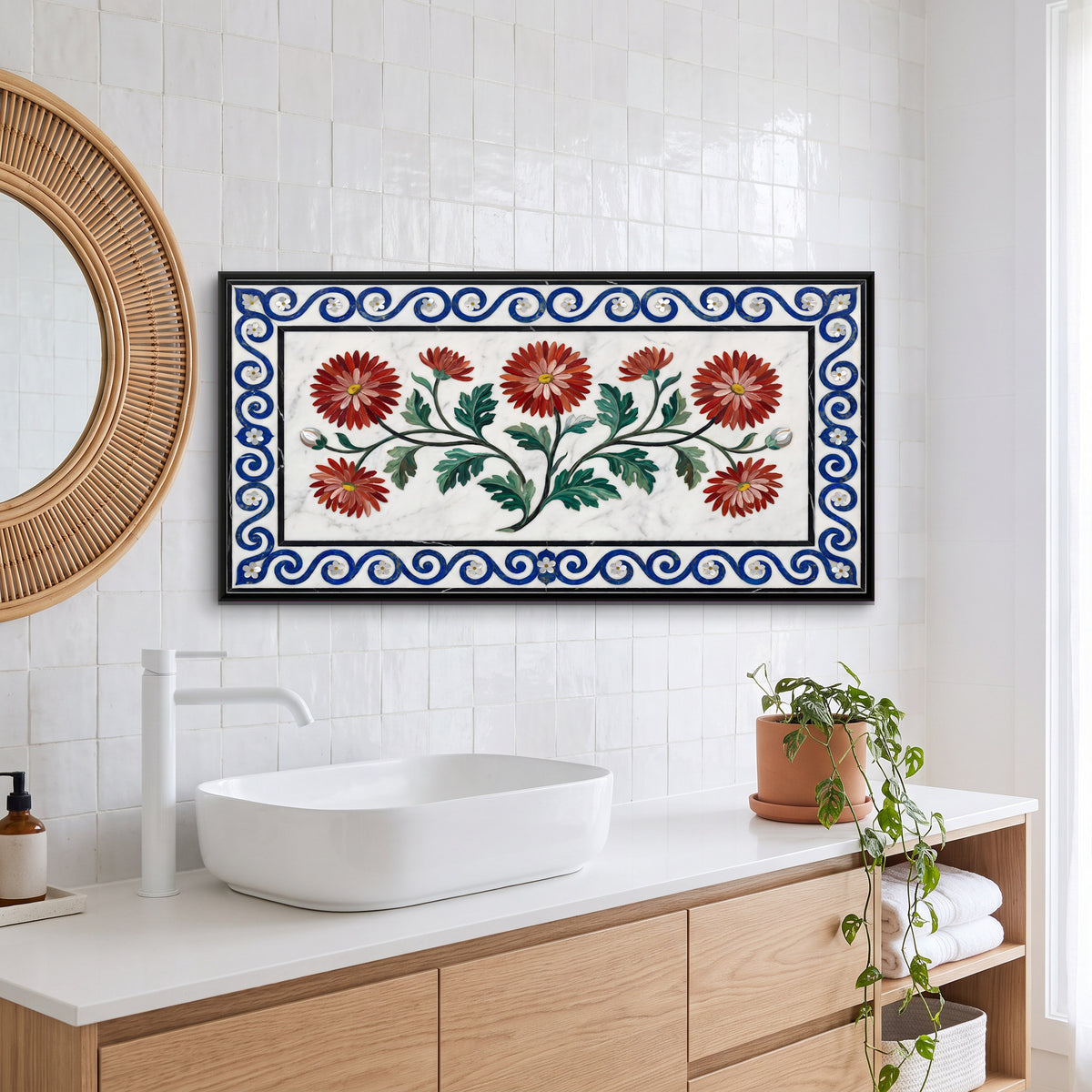 Chrysanthemums in Marble Inlay - canvas art shown in a styled room