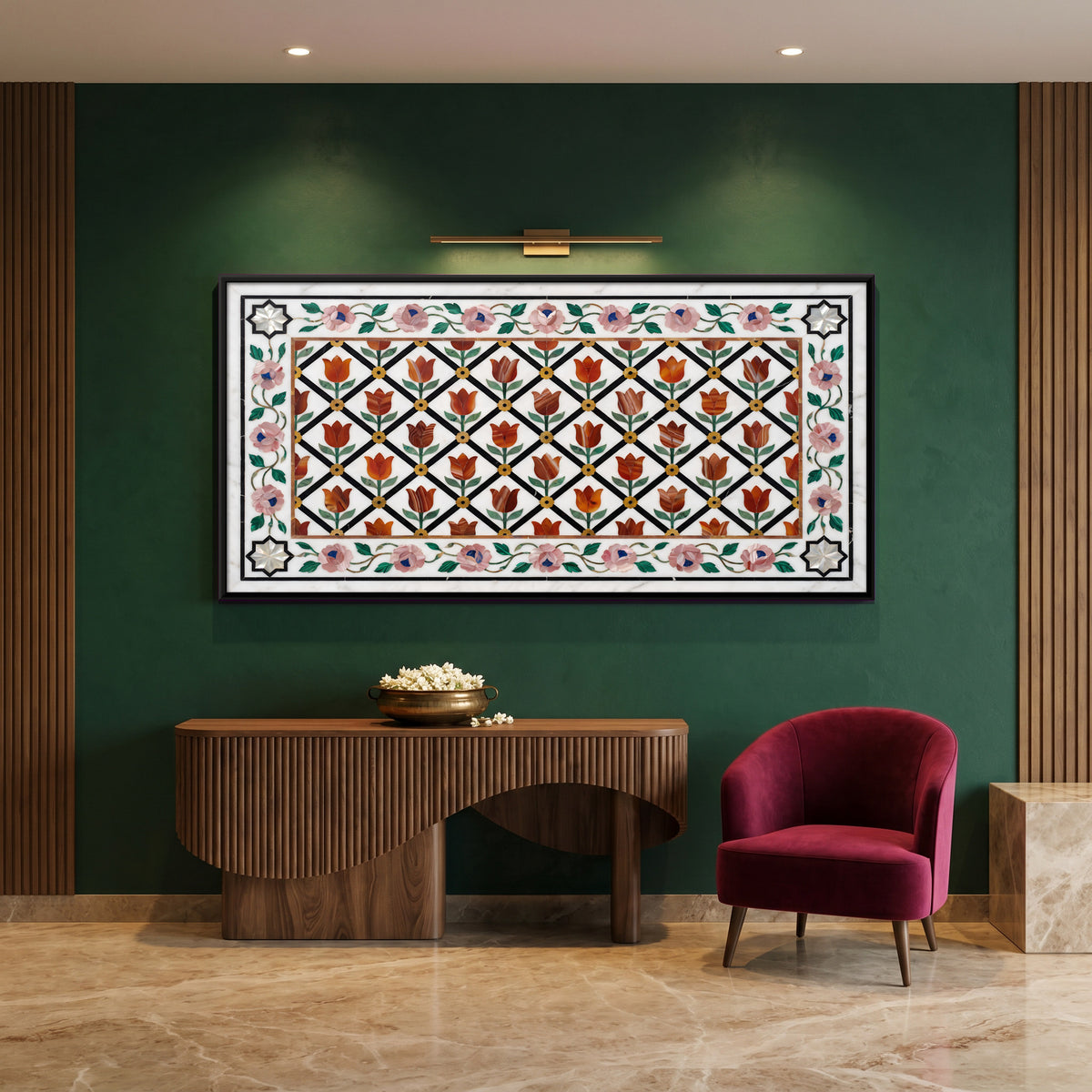 Marble Inlay Tulip Trellis - canvas art shown in a styled room