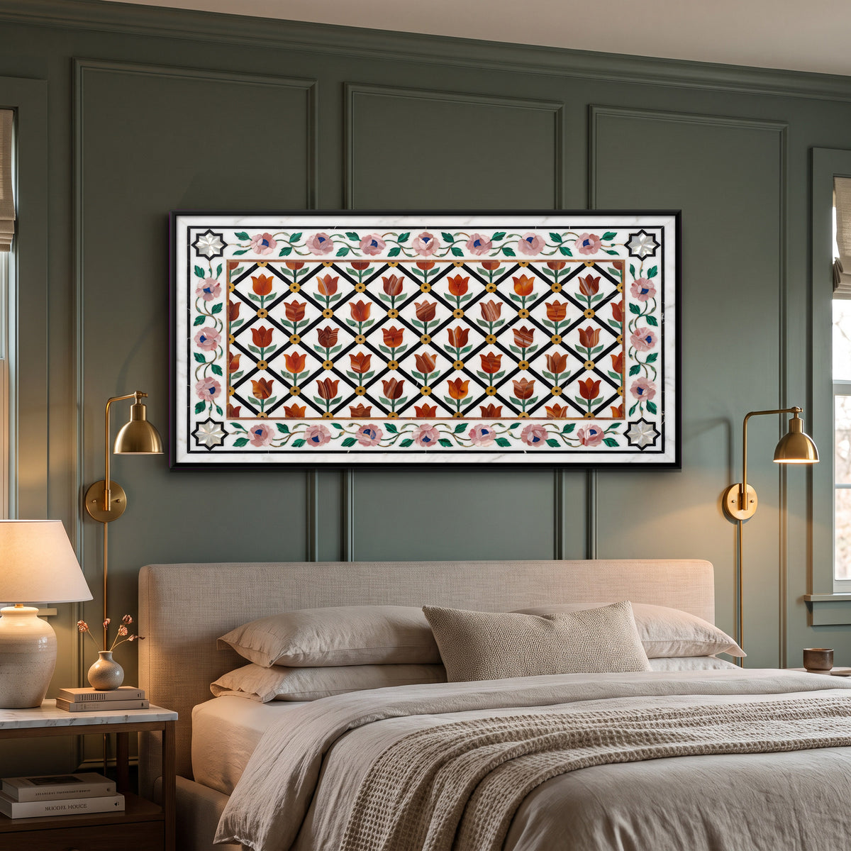 Marble Inlay Tulip Trellis - canvas art shown in a second room setting