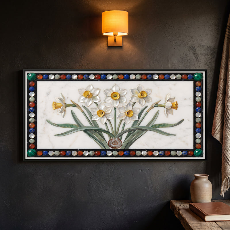 Narcissus in Marble Inlay - framed canvas art hung on a wall