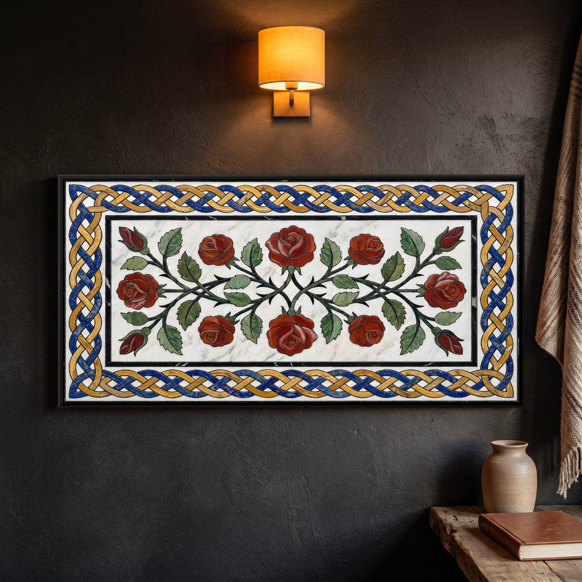 Marble Inlay Rose Vine - framed canvas art hung on a wall
