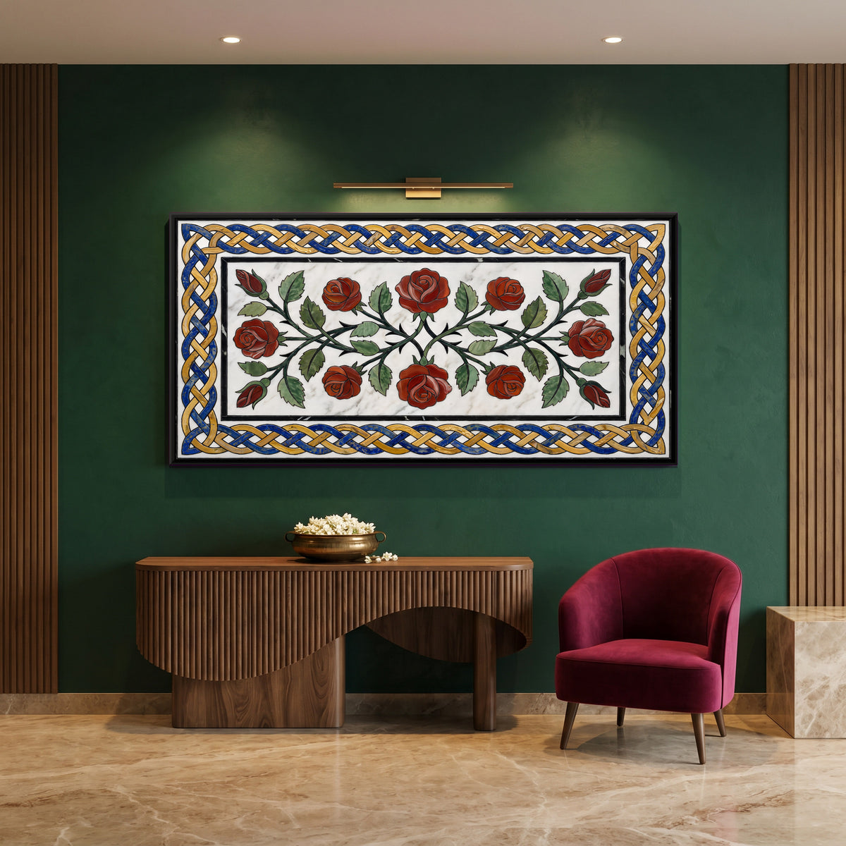 Marble Inlay Rose Vine - canvas art shown in a styled room