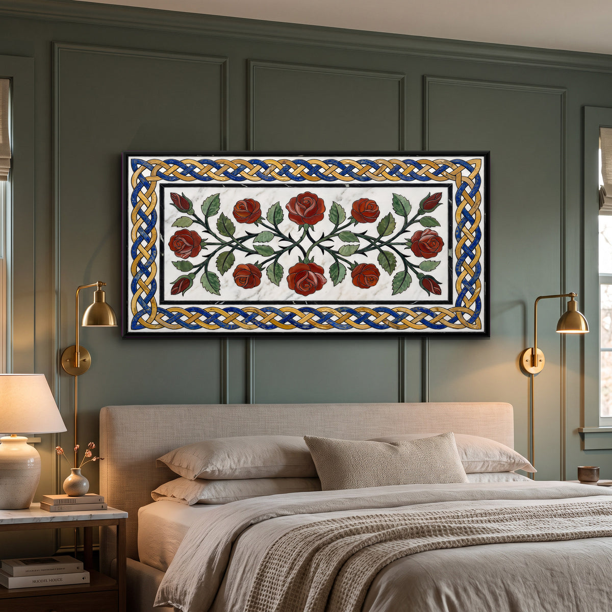 Marble Inlay Rose Vine - canvas art shown in a second room setting
