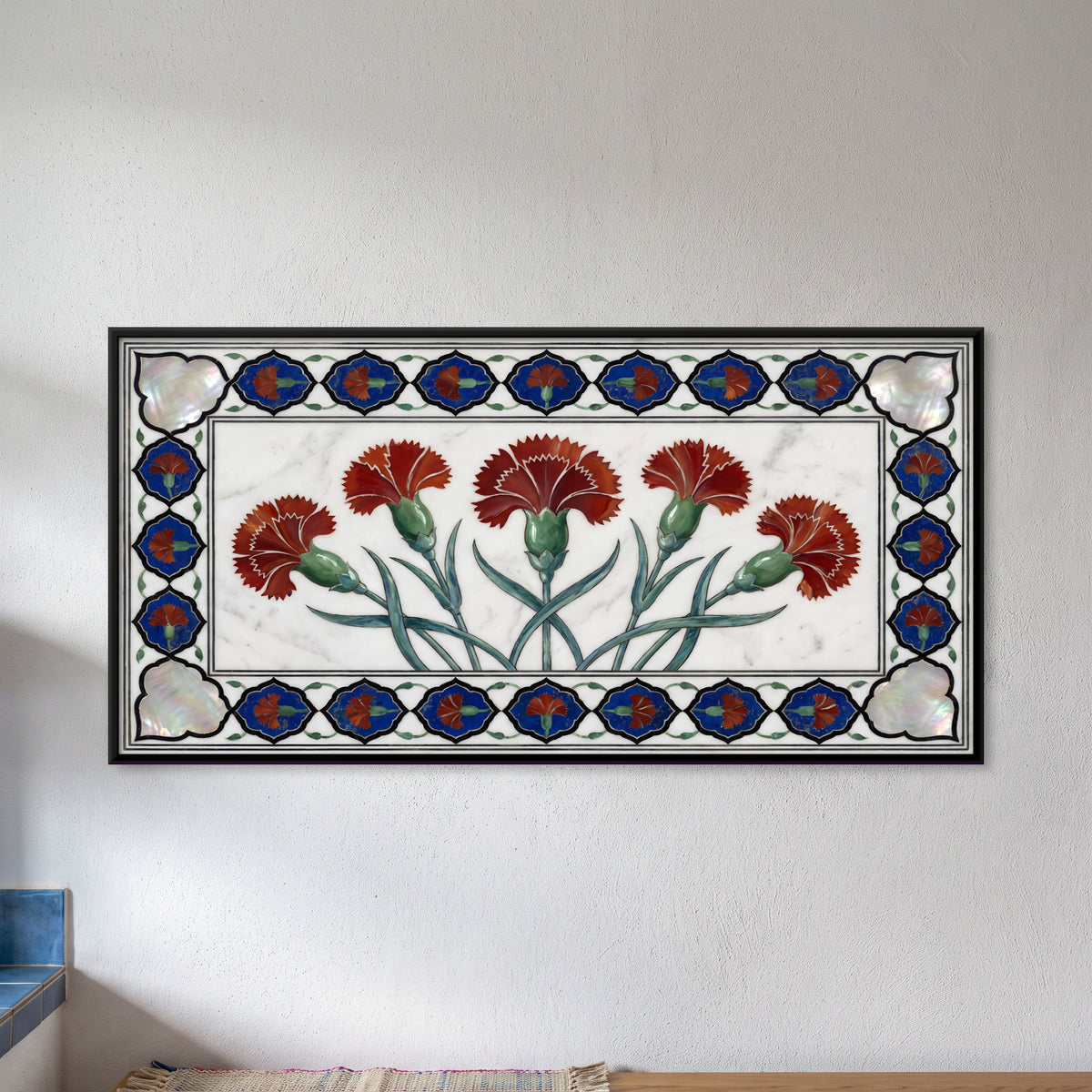Carnations in Marble Inlay - framed canvas art hung on a wall